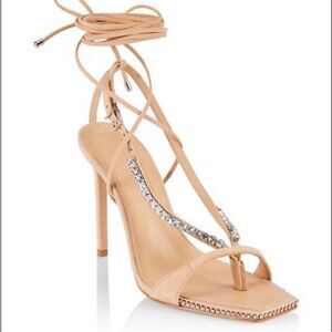 Schutz Vikki Crystal Embellished Ankle‎ Wrap High Heel Sandals Tan 7.5 Leather